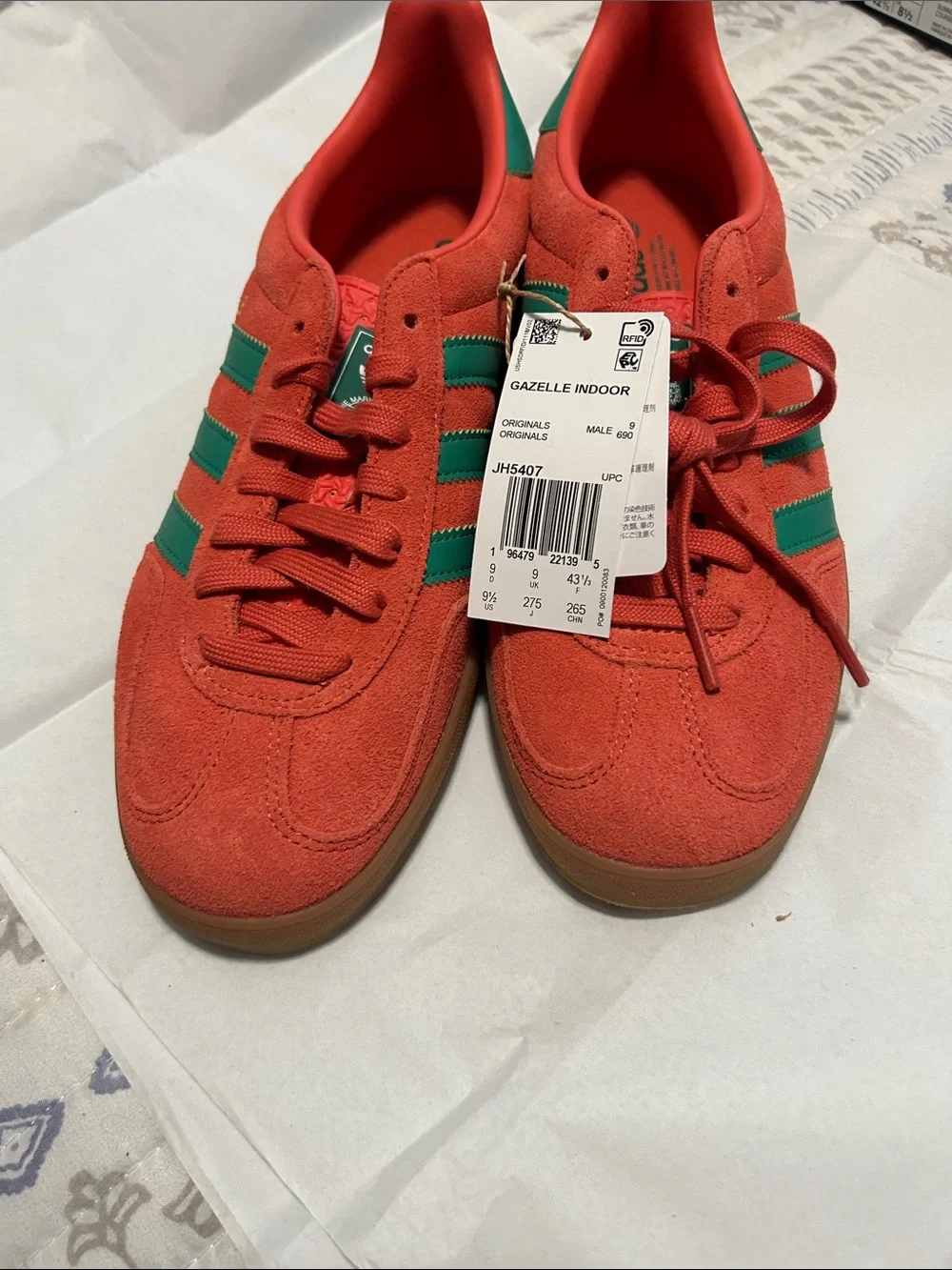 adidas Red Suede Gazelle Indoor Sneakers with Green Stripes
